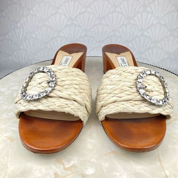 Jimmy Choo Granger Raffia-Wicker Heels Sandals Ivory Crystal Embellished Slides - Picture 3 of 13